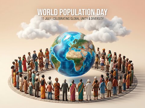 Diverse group of people holding hands around a globe celebrating world population day unity and diversity together