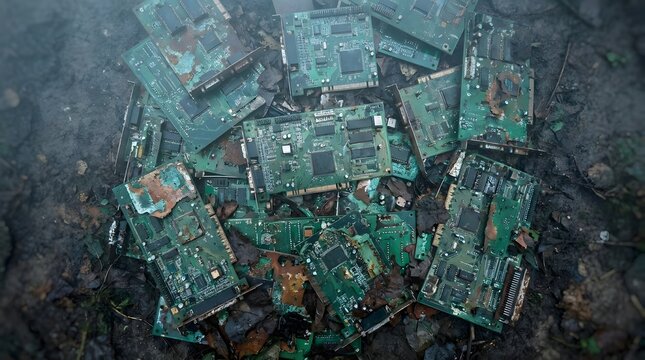 Discarded computer circuit boards rusting on damp soil illustrating hazardous electronic waste pollution and the toxic environmental impact of technology