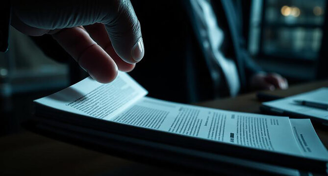 A persons hand flipping through a stack of papers on a desk in a dimly lit room with a pen and more papers nearby
