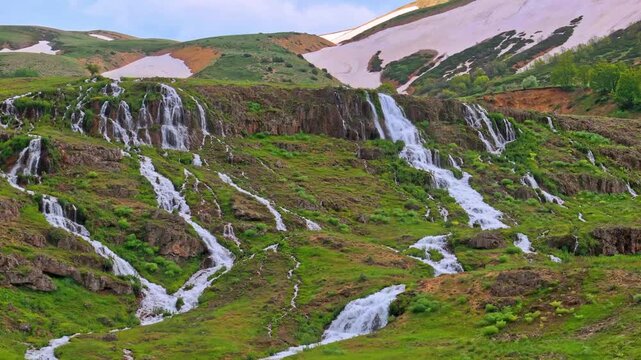 Scenic drone shot of multi-tiered Konarli Waterfall cascading down green cliffs in Tercan, Erzincan Turkey