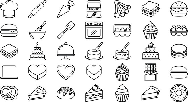 Flat line icons set of food, bakery, and cooking items