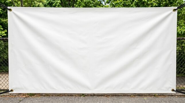 .Blank white vinyl banner mockup tied to a chain-link fence outdoors. Empty horizontal canvas template for advertising and design presentation