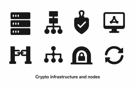 Crypto Infrastructure Icons. Crypto infrastructure and nodes. Filled icon set of crypto infrastructure and