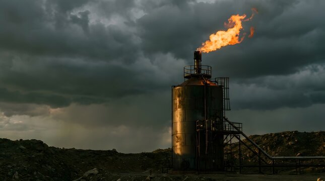 Tall industrial gas flare stack actively burning fuel against a dark dramatic cloudy sky representing energy production emissions and climate change impact discussions