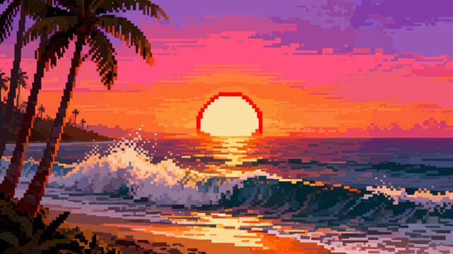Vibrant pixel art sunset over a tropical beach with palm trees and crashing ocean waves, rendered in a retro 8-bit style.