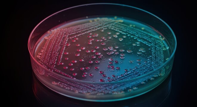 Colorful bacterial colonies growing on agar media in a sterile petri dish, illuminated in a bioscience research and testing laboratory, isolated, experiment, detailed