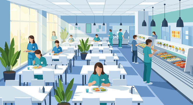 Hospital Cafeteria Scene: Staff and Patients Dining in a Bright, Modern Mess Hall