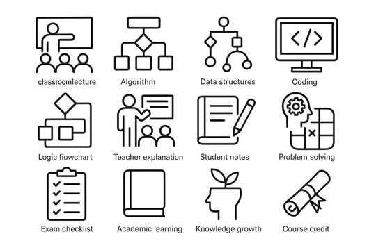 Computer Science Icons. Computer science class. Line outline icon set of Computer science class: classroom