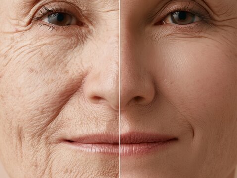 Before and after peptide therapy comparison of elderly woman's full face. Dramatic wrinkle reduction and skin rejuvenation dermatology concept with copy space.
