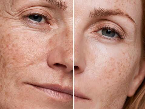 Before and after peptide treatment comparison of redhead woman's eye and cheek. Anti-aging wrinkle reduction and pigmentation correction dermatology results.