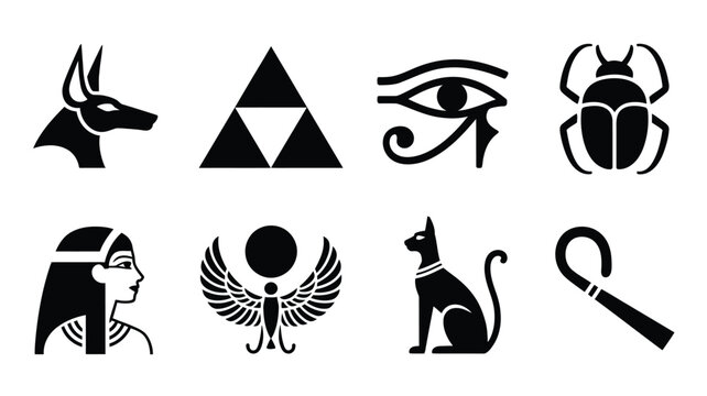 Black vector silhouettes of ancient Egyptian mythology icons isolated collection including pharaoh queen scarab beetle crook eye and Anubis