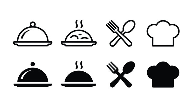 Restaurant and catering vector icons set featuring outline and solid silhouette symbols of chef hat cloche fork and spoon