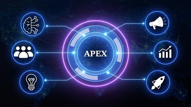 Dynamic abstract futuristic HUD interface with business icons and world map background motion graphics.