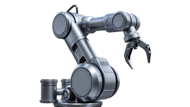 Industrial robotic arm with gripper, metallic gray finish