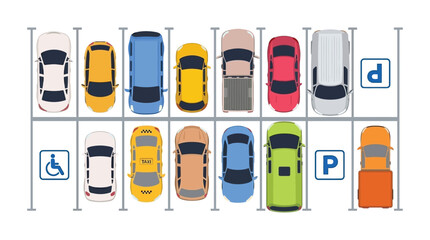 Top down view of colorful cars parked in a lot vector illustration © SERINA AKTHER