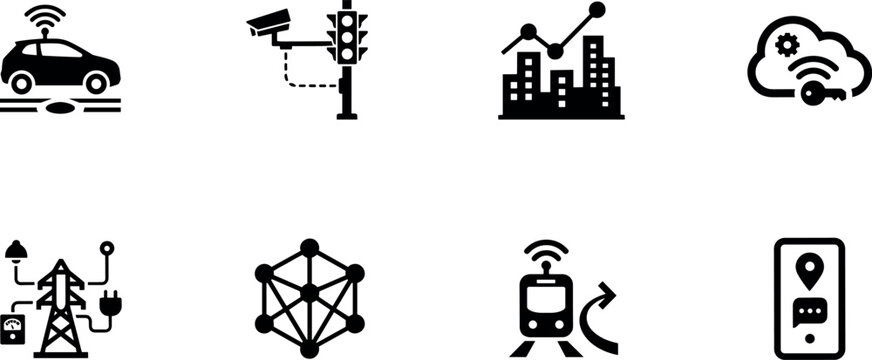 Set of nine minimalist technology and transportation icons in black and white