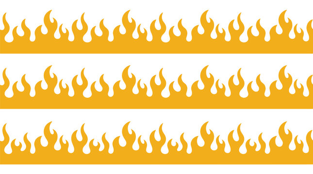 Seamless vector illustration featuring stylized yellow fire flames arranged in repeating horizontal decorative border patterns