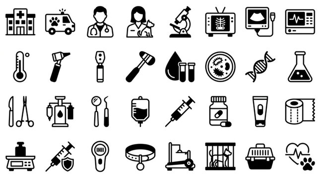 Collection of veterinary medical icons and symbols for clinics.