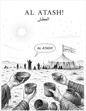 Muharram, Karbala, Al Atash, Ashura, Islamic illustration, black and white drawing, empty water bowls, thirst, Karbala camp, coloring page, Imam Hussain, Islamic history, Battle of Karbala, Muharram a