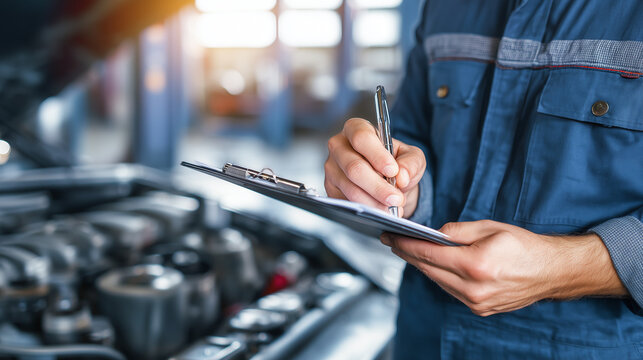 Professional auto mechanic completing a vehicle inspection checklist in a repair workshop. Automotive diagnostics, maintenance documentation, quality control and service report concept.