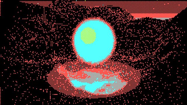 Pixelated cyan glowing orb floating above red retro landscape on black background