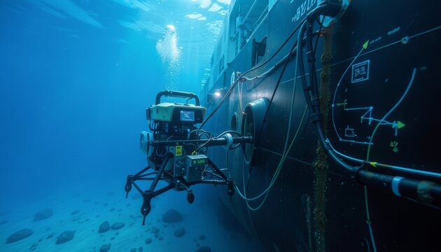 Underwater drone inspection near ship hull cables and metal framework in clear water