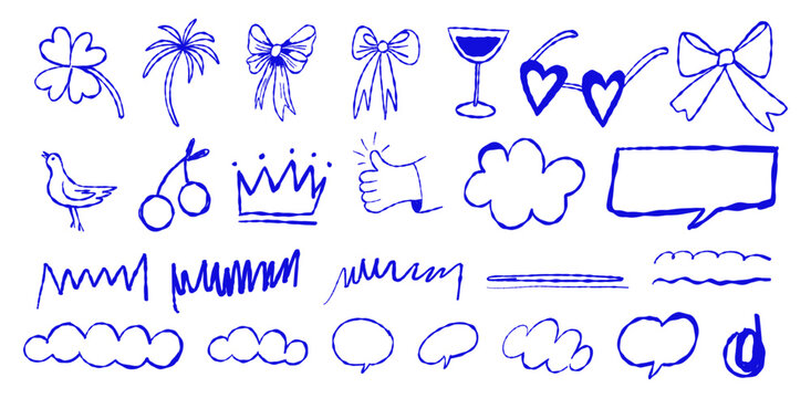 Vector set of stickers, scribbles and doodles in simple linear hand drawn style with copy space, minimal monoline design elements for posters, social media, print, banners
