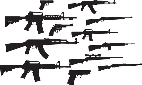 Weapon silhouette collection featuring pistols, rifles, and assault guns for military, security, and tactical design concepts