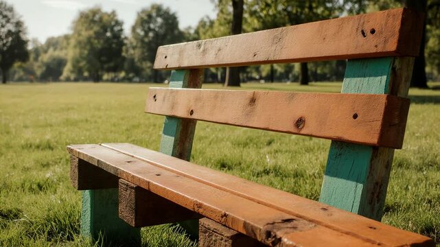 Handmade wooden pallet bench painted in orange and teal sitting on green grass. Upcycled sustainable furniture in a sunlit park