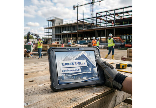 Tablet in a Construction Site Mockup Template for Creative Brand Design