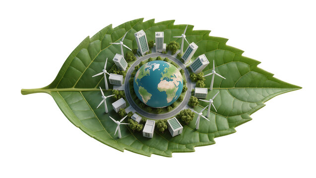 Green energy city on a leaf with planet Earth