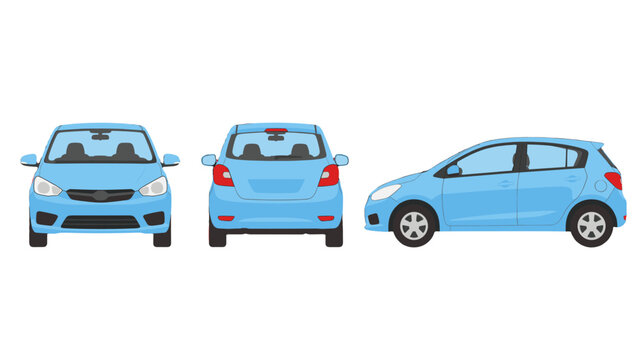 Blue compact car vector set with front rear and side views