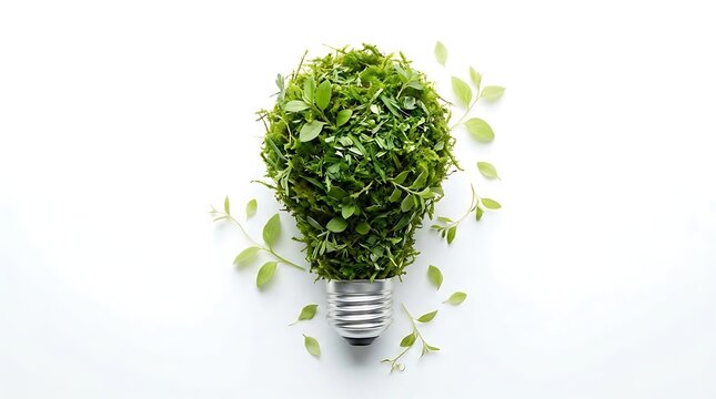 A conceptual light bulb filled with fresh green leaves representing sustainable energy.