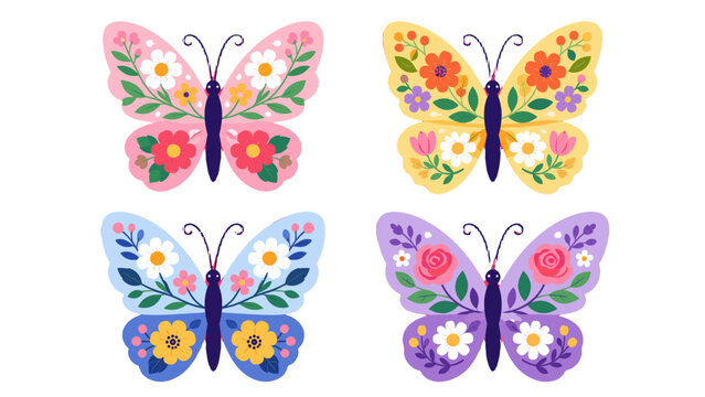 Set of colorful butterflies with floral wing patterns