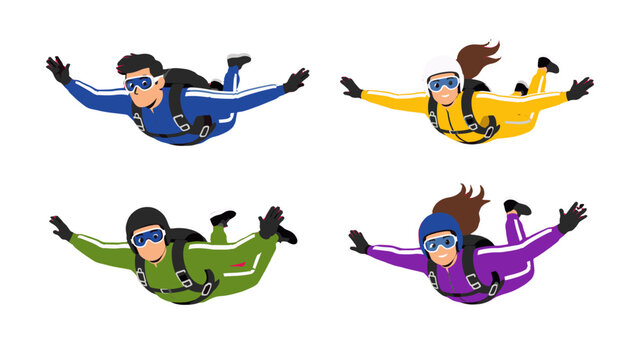 Set of four skydivers in freefall isolated on white background