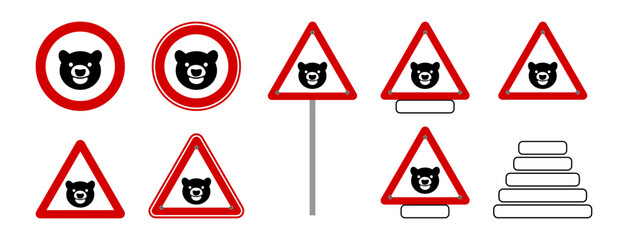 Series of danger warning signs with bear and text underneath - vector © koft