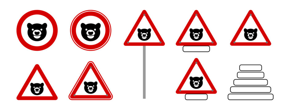 Series of danger warning signs with bear and text underneath - vector