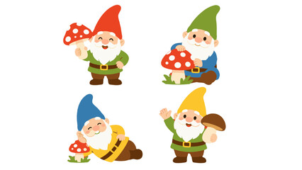 Naklejka premium Cute cartoon garden gnome characters with mushrooms set