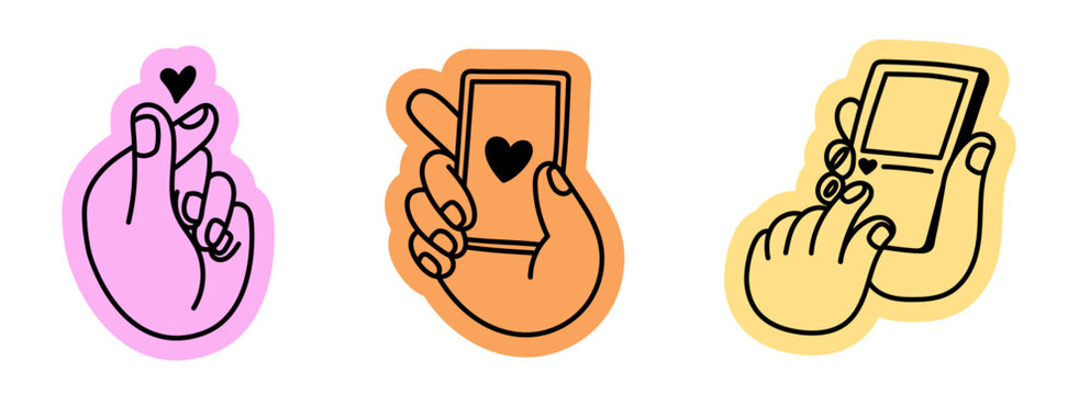 Vector hand drawn hands and gestures, hands holding mobile phones and smartphones with social media apps, bloggers and content creators