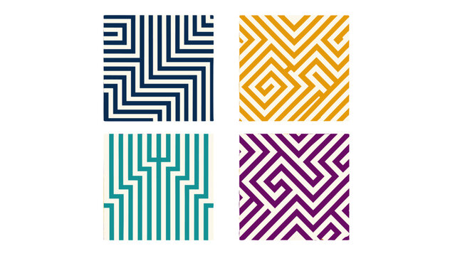 Set of four colorful geometric striped maze pattern squares
