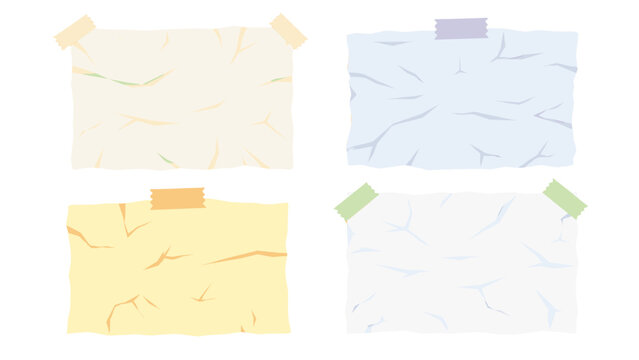 Set of wrinkled paper notes taped on white background