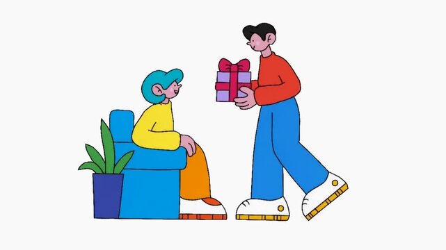Animation Man giving gift box to woman, romantic surprise and celebration concept illustration