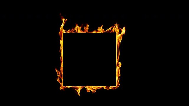 Realistic square fire frame animation, cinematic burning flame box border isolated on transparent background 4K