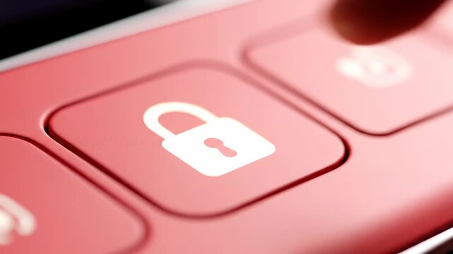 Finger pressing a red lock button to activate a security feature. Macro shot of a padlock icon lighting up. Safety and protection concept