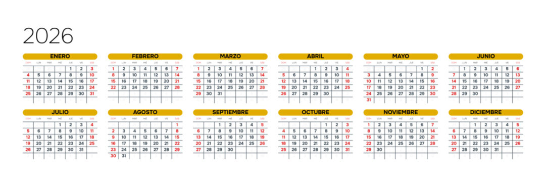Spanish 2026 Horizontal 6x2 Grid Clean Sans Serif Annual Planner Swiss Typographic Wall Poster (Compatible with 2037 and 2043).