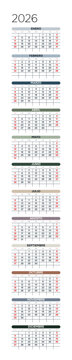 Spanish 2026 Vertical Linear Grid Efficiency Annual Calendar Template Minimalist Yearly Workflow Grid (Compatible with 2037 and 2043).