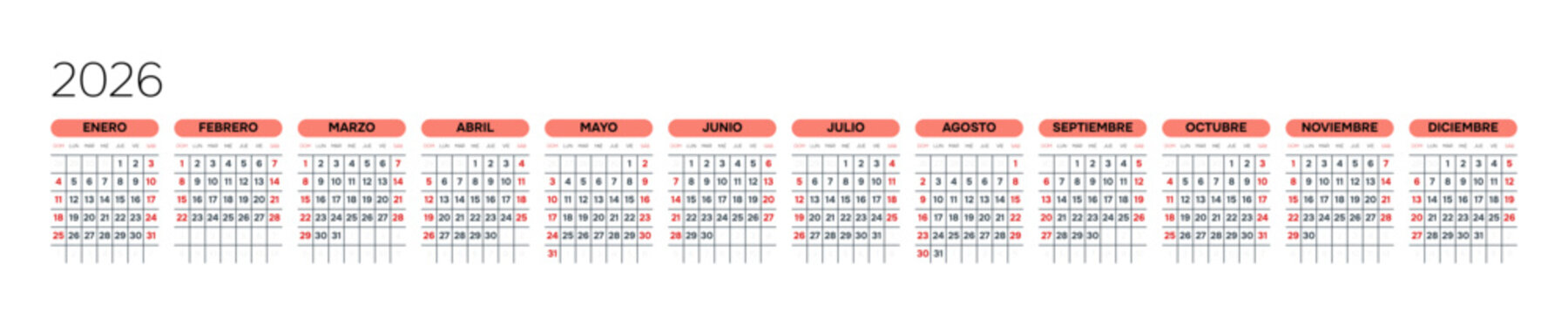 Spanish 2026 Horizontal Linear Grid Creative Studio Line Art Calendar Minimal Modernist Annual Layout (Compatible with 2037 and 2043).