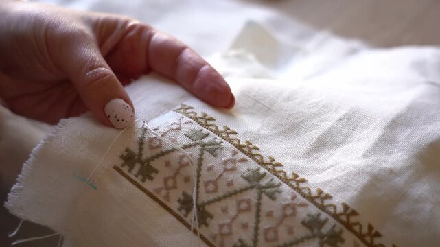 Crafting beautiful embroidery on fabric with simple stitch techniques in a cozy setting during the afternoon. Traditional Ukrainian Embroidery