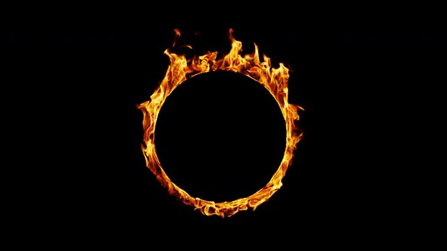 Realistic round fire frame animation, cinematic burning flame circle border isolated on transparent background 4K