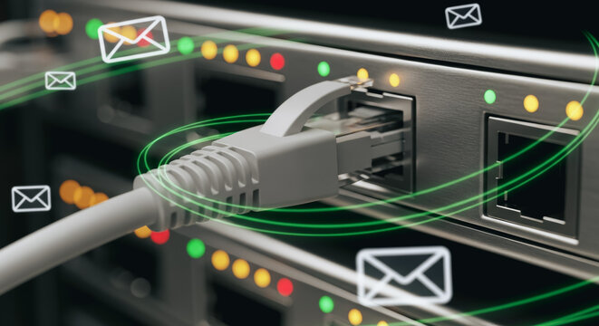 Ethernet cable plugged into server port with email icons representing fast digital communication and data transfer